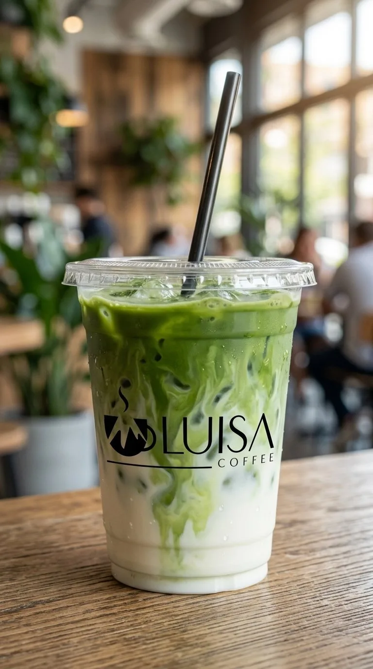 Iced matcha latte in a Luisa Coffee branded cup